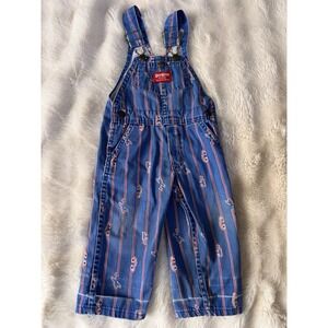 Vintage Oshkosh Overalls Size 2T Blue Red Airplanes Trucks Sloop Striped Rare